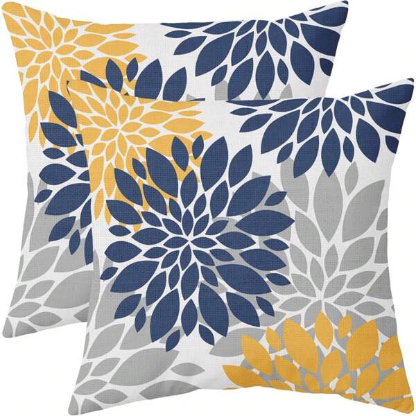 2PCS Blue-Yellow Pillowcase Gray Grey Dahlia Outdoor Decorative Pillow Modern Geometric Art Farmhouse Pillowcase Linen Cushion Cover Home Sofa Bed Decoration Without Pillow Core On One Side