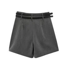 Jupe Mini Mignonne à Double Taille avec Bloc de Couleur Gris Taille Basse pour Femmes Retournant à l'École en Automne
