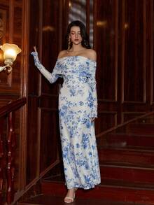 PARTHEA Off Shoulder Floral Print Ruched Bodycon Mesh Maxi Dress