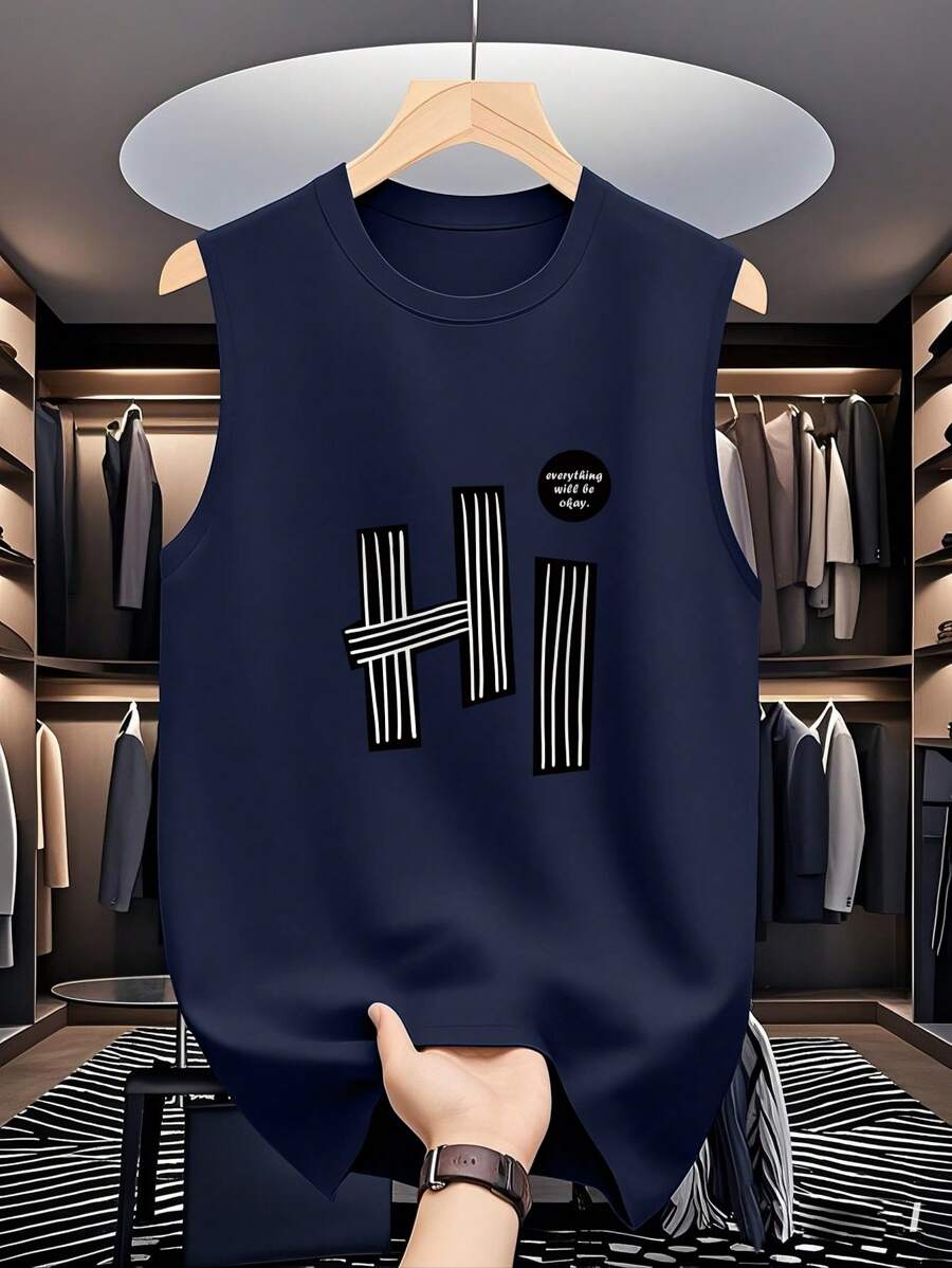 Men's Casual Letter & Heart Print Round Neck Tank Top - Navy Blue - View 1