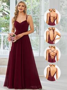 Elegant Chiffon Backless Floral Embroidered Burgundy Bridesmaid Dress