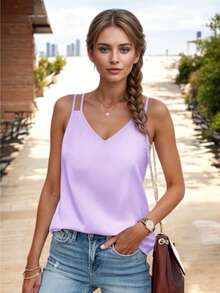 Women's Basic Blouse With Crossed Straps And V-Neckline - Lilac Purple - View 3