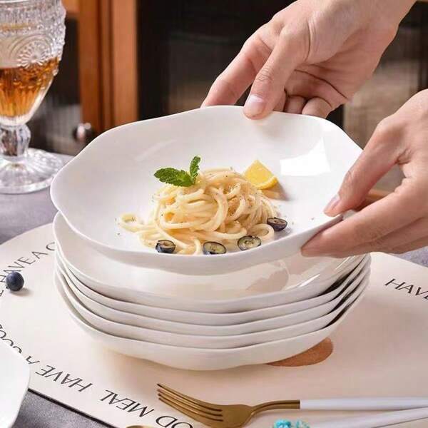 2pcs/Set 8-Inch Pure White Plum Blossom, Lotus Leaf, Petal Design Ceramic Cookware Plates, Soup Bowls, Fruit Plates, Salad Plates