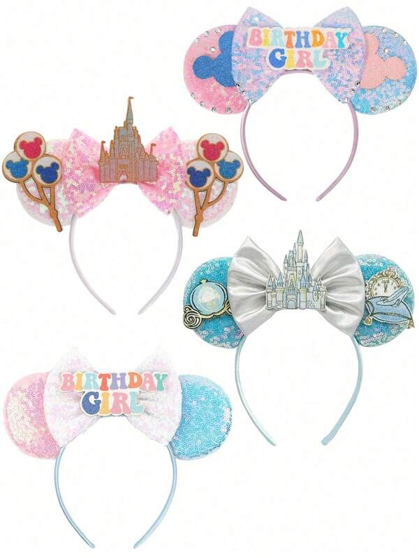 Disney 1pc Disney Cute Mickey Mouse Ears Bow Headband For Kids, Glitter Castle Design, Perfect For Party, Princess, Birthday, Friend Gathering