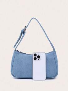 Minimalist Buckle Adjustable Shoulder Baguette Bag - Blue - View 2
