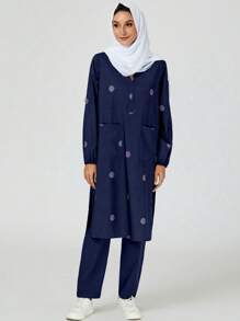 cimmuovere Casual Print V-Neck Long Sleeve Loose Side Split 3-Pocket Top With Elastic Waist 2-Pocket Solid Color Pants, 5 Pockets Scrub Uniform Set - Light Wash - View 9