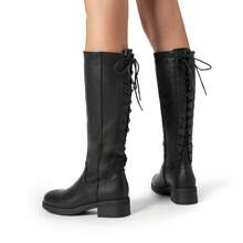 Women's Knee-High Boots, Comfortable Chunky Block Heel Pointed Toe Pull On Side Zipper Suede Slouch Riding Boots - Black/PU - View 11