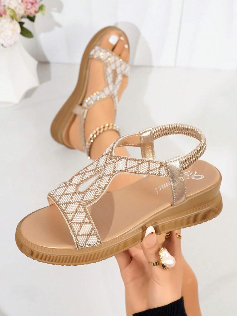 Women Fashion Rhinestone Thick Bottom Wedge Open Toe Sandals With Elastic T-Strap, Comfortable Slip On Design Suitable For Daily Commute, Vacation, Outdoor Gathering, Party And Leisure Occasions - Gold 2# - View 1