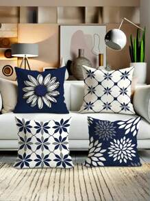 4 件套现代几何花卉图案抱枕套 - 柔软天鹅绒材质，蓝白配色，17.7 x 17.7 英寸，拉链设计，适用于客厅和卧室装饰 - 不含枕芯，秋季装饰，房间装饰 - 藏蓝色 - 查看 5