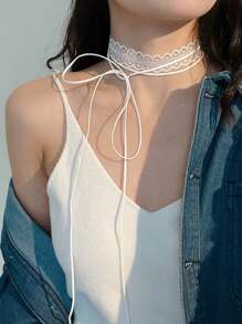 2pcs/Set Women's Sweet Lace Ribbon Layered Design Necklace, Versatile Choker, Elegant Clavicle Chain & Long Chiffon Scarf Suitable For Various Occasions
