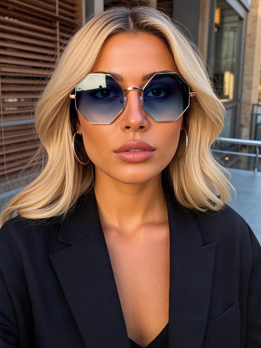 复古几何框架太阳镜，男女通用大框架金属时尚眼镜经典设计，适合户外旅行海滩度假休闲装，夏季防紫外线驾驶眼镜 - 彩色 - 查看 1