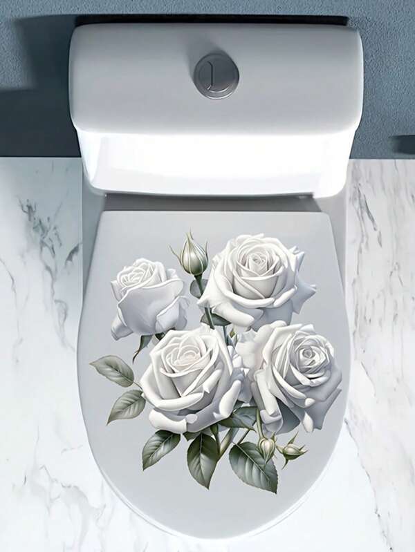1pc Home Decorations White Rose PVC Wall Decal, Waterproof Floral Decal For Bathroom Toilet Decoration, Elegant For Home Decoration, Aesthetic Home Decoration, Room Decoration, Beautify Your Home, Vinly Decal For Home Decorations, Toilet Decoration Items Refresh Your Home