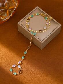 1 pieza Brazalete de mitones con cadena dorada simple, brazalete de mitones con cadena con flor y strass, moda para el verano, la playa y las vacaciones, regalo perfecto para uso diario, cumpleaños y fiestas
