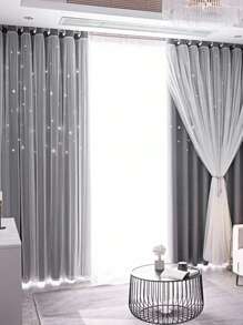 1件星形图案双层遮光窗帘，条纹双层窗帘，适用于卧室 - 灰色 - 查看 3