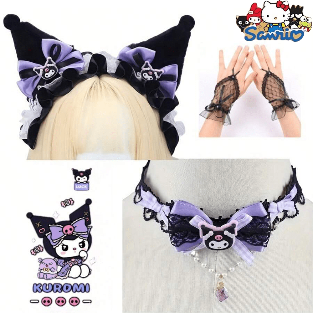 Sanrio Conjunto de Princesa Kuromi 3 em 1 Autorizado pela Sanrio 2025, Conjunto Sexy para Festa - Faixa de Veludo Ajustável + Gravata Borboleta e Punhos + Luvas de Renda | Kit de Fantasia para Festa/Cosplay/Halloween/Presentes de Dia do Mês (Vestimenta para Presente)