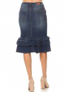 Denim Midi SkirtPlainElegantDenimRuffle HemButtonTiered Layer - Rửa chàm - Xem 3