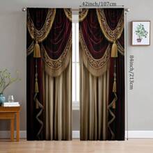 2pcs Burgundy And Dark Brown European Style Faux Curtain Decorative Curtain Rod Sleeve Curtain, Suitable For All Seasons, Modern Digital Printing Curtain, Polyester Fleece Fabric, Semi-Sheer, Artistic Leaf Pattern, Fade Resistant, Vertical Knitting, Machine Washable, Suitable For Living Room And Bedroom Decor - Multicolor - View 5