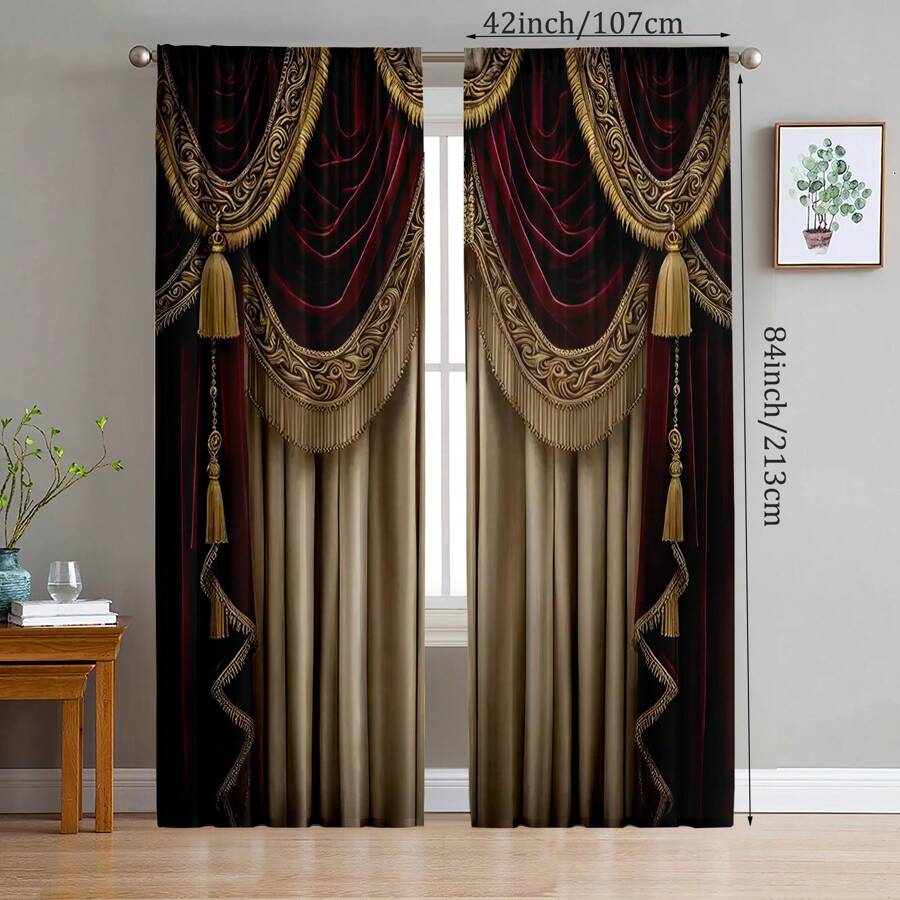 2 件装勃艮第红和深棕色欧式仿窗帘装饰窗帘杆袖窗帘,适合所有季节,现代数码印花窗帘,涤纶羊毛面料,半透明,艺术叶子图案,防褪色,垂直针织,可机洗,适用于客厅和卧室装饰 - 彩色 - 查看 1