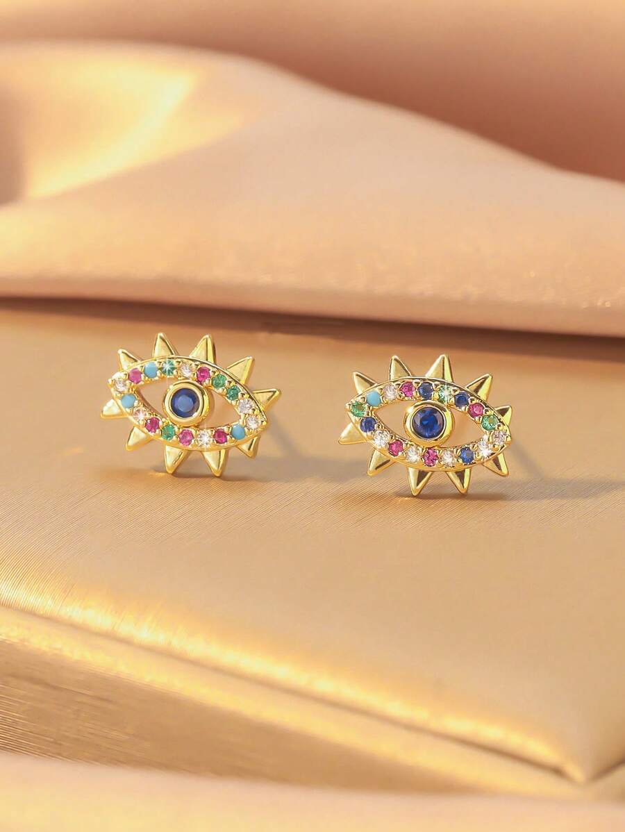 1 对优雅女士恶魔之眼耳钉，镶嵌彩色锆石，适合日常佩戴、节日、礼物和派对