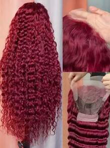 28 Inch 99j Burgundy Lace Front Wigs Human Hair  Deep Wave Lace Front Wigs Human Hair Pre Plucked Red Curly Human Hair Wig 13x4 HD Colored Frontal Glueless Wet And Wavy Loose Deep Wave - S99J - View 5