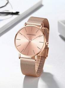 1 pezzo Orologio da polso da donna color oro rosa, movimento giapponese, cinturino in maglia di acciaio inossidabile, stile minimalista ed elegante, adatto per uso quotidiano e come regalo