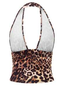 Women Crop Tank Tops Solid Color/Leopard Print Halter Neck Deep V Neck Backless Casual Vests Summer Sleeveless Top - Multicolor - View 4