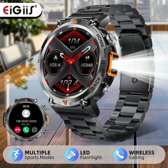 EIGIIS Smart Watch For Men (Make/Receive Calls And Notifications), 3ATM Waterproof, 1.45" HD Big Screen Outdoor Smartwatch With LED Flashlight, Rugged Sports Fitness Activity Military Watch, 110 Sports Modes, Smart Voice Calls, Alarm Clock Reminder, Timing, Calories, Sleep Monitoring, Music Playback, Multi-Functional Smartwatches For IOS And Android Phones