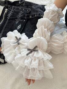 1 双女士春夏洛丽塔风格分层荷叶边蕾丝花边甜美白色可拆卸蝴蝶结袖口