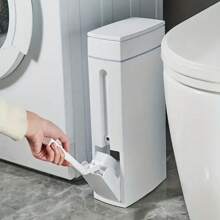Slim Trash Can With Brush, Large Capacity Narrow Space Garbage Can, Lid Bathroom Waste Basket, Creative Home Cleaning Supplies, Plastic, Sealed Odor-Proof, No Electricity Required Bathroom Organizer Bathroom Decor Fall Decor Back To School