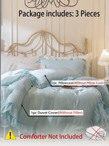1 Set Of 3 Pieces (1 Duvet Cover + 2 Pillow Shams) Light Blue Ruffle Elegant Soft & Cozy Bedding Set, Suitable For Bedroom, Guest Room