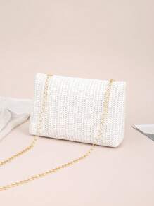 Woven Shoulder Bag With Chain Strap, Women's Small Square Crossbody Bag, Colorful Casual Beach Bag, Large Capacity, Spring/Summer, White Bag - White - View 4