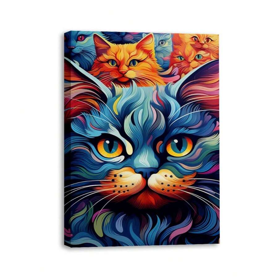1 Piece Home Wall Decor Framed Canvas Cute Cat Animals Pattern Canvas Wall Art Paintings For Living Room - Canvas Framed Print Wall Artworks Bedroom Decoration Office Wall Decor - Multicolor - View 1