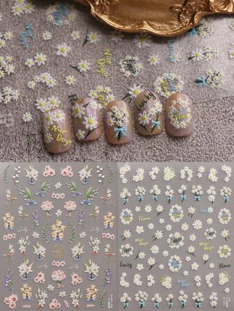 2 件春夏小花浮雕美甲贴纸，精致雏菊美甲浮雕贴纸贴花，百合印花 5D 自粘指甲设计，适用于丙烯酸指甲，女士和女孩的 Menisserie 用品，节日礼物，DIY