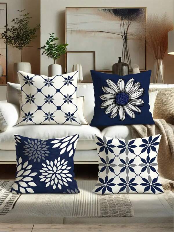 Ensemble de 4 housses de coussin décoratif moderne avec motifs géométriques et floraux - velours doux et confortable, bleu et blanc, 45 x 45 cm, fermeture à glissière, pour la décoration du salon et de la chambre à coucher - rembourrage non inclus