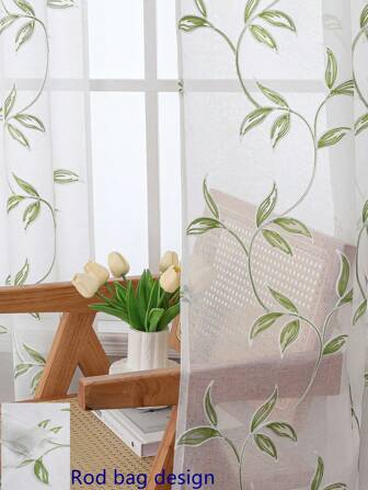 1 件白色刺绣窗帘，装饰性浅蓝色和白色刺绣仿亚麻杆口袋窗帘，适用于家庭厨房、客厅和卧室