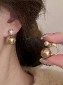 1 Pair Elegant High-End Minimalist Champagne Pearl & Rhinestone Inlaid Earrings, Versatile For Daily Wear
