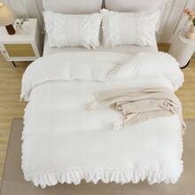 Ruffle Comforter Set Queen Size,Boho Shabby Chic Bedding Sets, Soft Fluffy Comforters Sets For All Season,Vintage Ruffled 3 Pcs Microfiber Lightweight Quilt Set Gift For Women Girls - 白色 - 查看 3