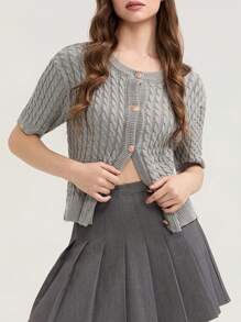 Women's Cable Knit Cardigan Solid Color Round Neck Short Sleeve Button-Front Closure Crop Sweaters - Gris - Ver 7
