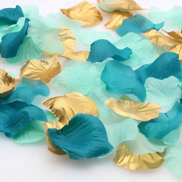 600/1500 Pcs Mixed Teal Mint Golden Wedding Floral Centerpiece, Artificial Rose Petals, Fabric Table Confetti Scatter, Bridal Basket Filler, Aisle Decor, Gift For Home & Kitchen Decor