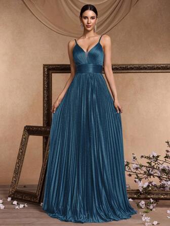 Women's High Waist Pleated Slip Dress With Foil Decor, Long Party Evening Gown For Banquet, Spring/Summer, Formal, For Wedding Guest