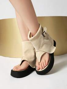 全新厚底人字拖凉鞋 女士高跟短靴 夏季性感踝靴 - 米色 - 查看 4