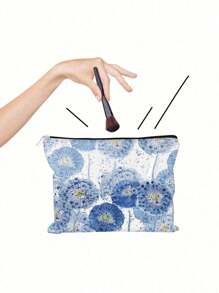 Fashionable Indigo Blue Dandelion Floral Makeup Bag - Foldable Lightweight Cosmetic Organizer Bag With Double-Sided Print, Lining And Zipper, Suitable For Women And Girls Travel Essentials Travel Accessories Travel Must Haves