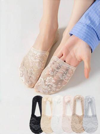 6 par damskich skarpetek z koronką w kwiaty, oddychające, cienkie, niewidoczne skarpetki z niską cholewką na wiosnę i lato, antypoślizgowe i pochłaniające pot, odpowiednie do wysokich obcasów