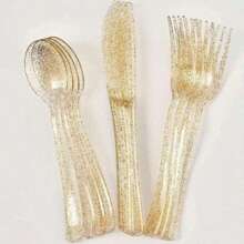 150pcs Transparent Shiny Disposable Cutlery Set, Including 50 Knives, 50 Forks, 50 Spoons, Reusable And Dishwasher Friendly, Ideal For Parties/Birthday/Weddings - Flash Gold - View 2