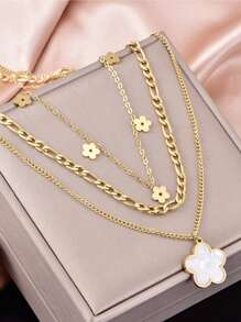 1 Multi-Layered Wear Retro Smooth Shell Floral Pendant Stainless Steel Three-Layer Petal Chain Necklace Suitable For Women's Daily Wear - Multicolor - View 10