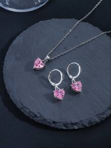 3pcs/Set Heart Shaped Earrings, Ring And Titanium Steel Chain Necklace Jewelry Set For Women, Creative & Fashionable