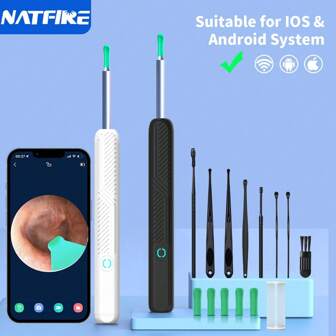 NATFIRE 1 Set Ear Cleaner With Mini Camera And LED Light Soft Silicone Ear Pickers Portability Earwax Remover Endoscope Brush Tool Ear Cleaning Kit 8-Piece Ear Scoop Spiral Ear Digging Otoscope Cleaning Type-C Charging White Black Wireless WIFI Smart Visual Self Care Borescope Luminous Ear Wax Cleaning Teeth Oral Inspection Compatible With Iphone Android Phones Gift Giving For Family Friend, School, Back To School, Travel, Travel Essentials, Home Essentials, Ear Cleaner