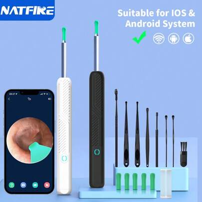 NATFIRE 一套带迷你摄像头和LED灯的耳部清洁器，采用柔软硅胶材质，便携式耳垢清除器，内窥镜刷头，8个耳勺，螺旋耳勺，Type-C充电，白色/黑色，无线WIFI智能可视自护理内窥镜，带夜光功能，用于清洁耳垢，兼容iOS和安卓手机，是家庭、朋友、学校、旅行和居家必备。