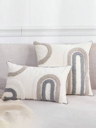 1 件/2 件套灰色和白色 U 形图案靠垫套，现代北欧风格帆布毛绒刺绣滚边腰枕套，适用于家庭、卧室、客厅、沙发、花园、所有季节 30 * 50 厘米，45 * 45 厘米（不含枕芯）