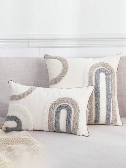 1 件/2 件套灰色和白色 U 形图案靠垫套，现代北欧风格帆布毛绒刺绣滚边腰枕套，适用于家庭、卧室、客厅、沙发、花园、所有季节 30 * 50 厘米，45 * 45 厘米（不含枕芯）